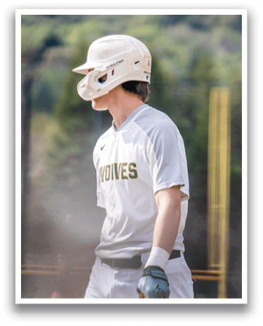 A baseball player wearing a helmet and a white jersey with the word “Wolves" on the front. AI generated content