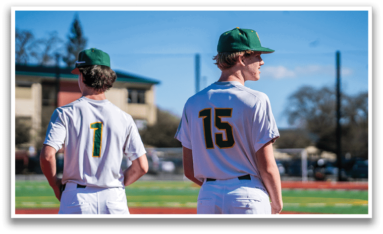 Two men wearing baseball uniforms are standing on a field. AI generated content