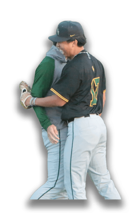 Two baseball players are shaking hands on the field. AI generated content