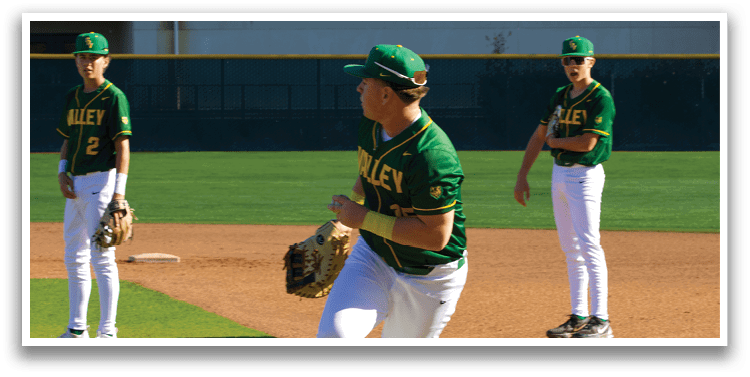 Three baseball players are standing on a field. One player is wearing a green hat and a green shirt, and is holding a baseball glove. The other two players are standing behind him, also wearing green shirts. AI generated content