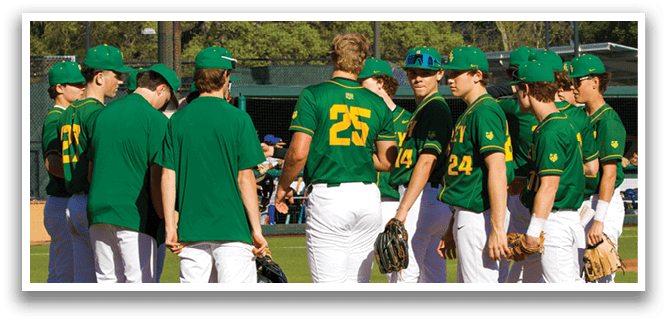 A group of baseball players wearing green and yellow uniforms are standing on a field. AI generated content