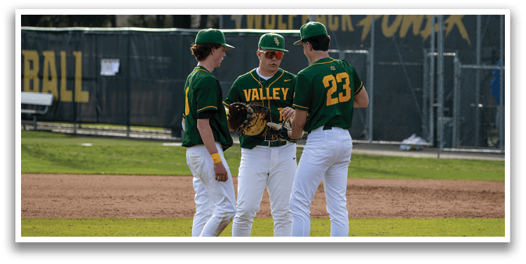 Three baseball players wearing green and yellow uniforms are standing on a field. AI generated content