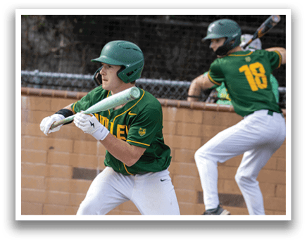Two baseball players in green and white uniforms are playing on a field. One player is swinging a bat, while the other is running. AI generated content