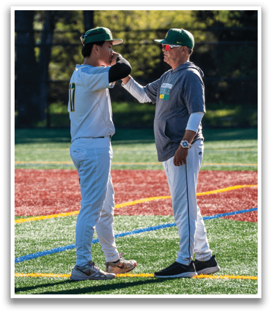 Two men in baseball uniforms are talking on a field. AI generated content
