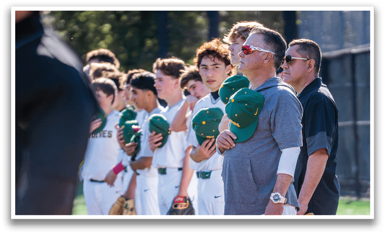 A group of baseball players wearing green and yellow hats and white uniforms are standing on a field. AI generated content