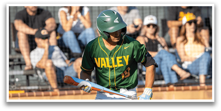A baseball player holding a bat. Description generated by AI