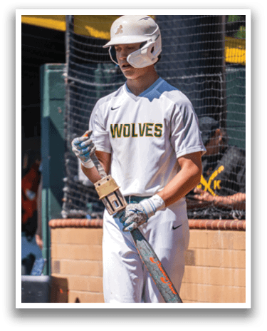 A baseball player holding a bat. Description generated by AI