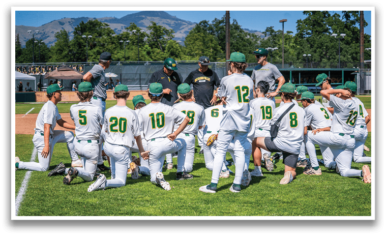 Baseball players wearing green and white uniforms. Description generated by AI