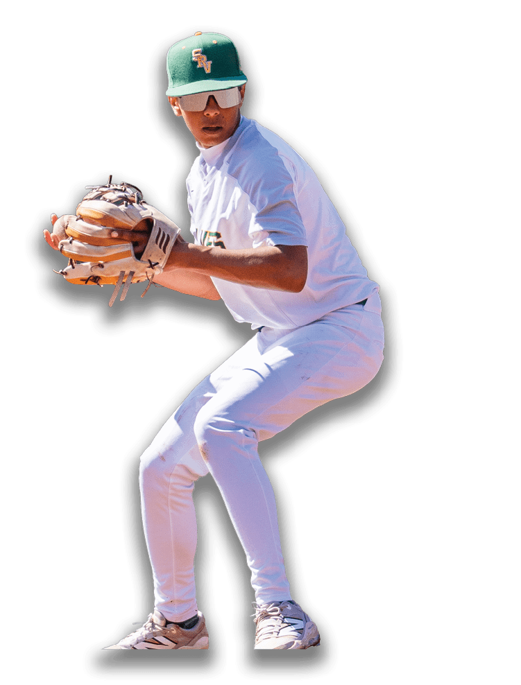 A baseball player wearing a green hat and white uniform. Description generated by AI