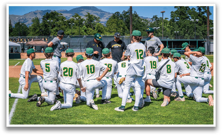 Baseball players wearing green and white uniforms. Description generated by AI