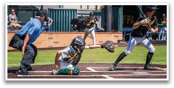 A baseball game is being played with a batter, catcher, and umpire. Description generated by AI