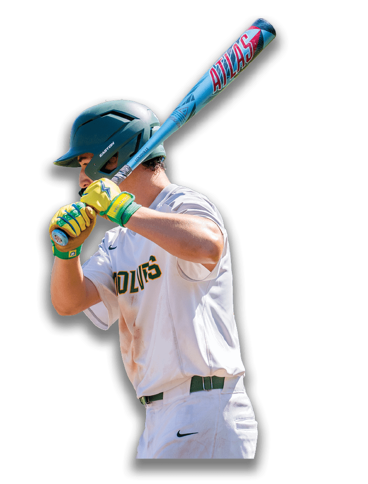 A baseball player wearing a green helmet and white uniform is holding a bat. Description generated by AI