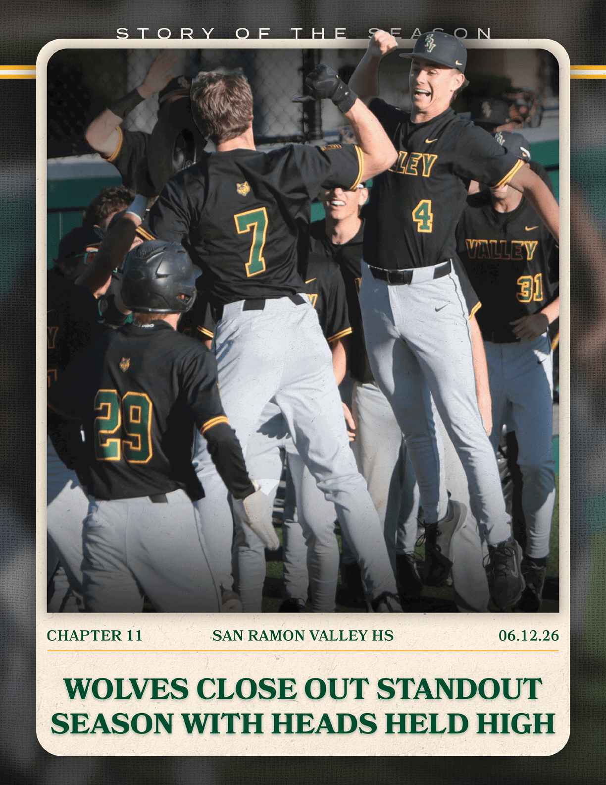 A group of baseball players celebrating a win. Description generated by AI