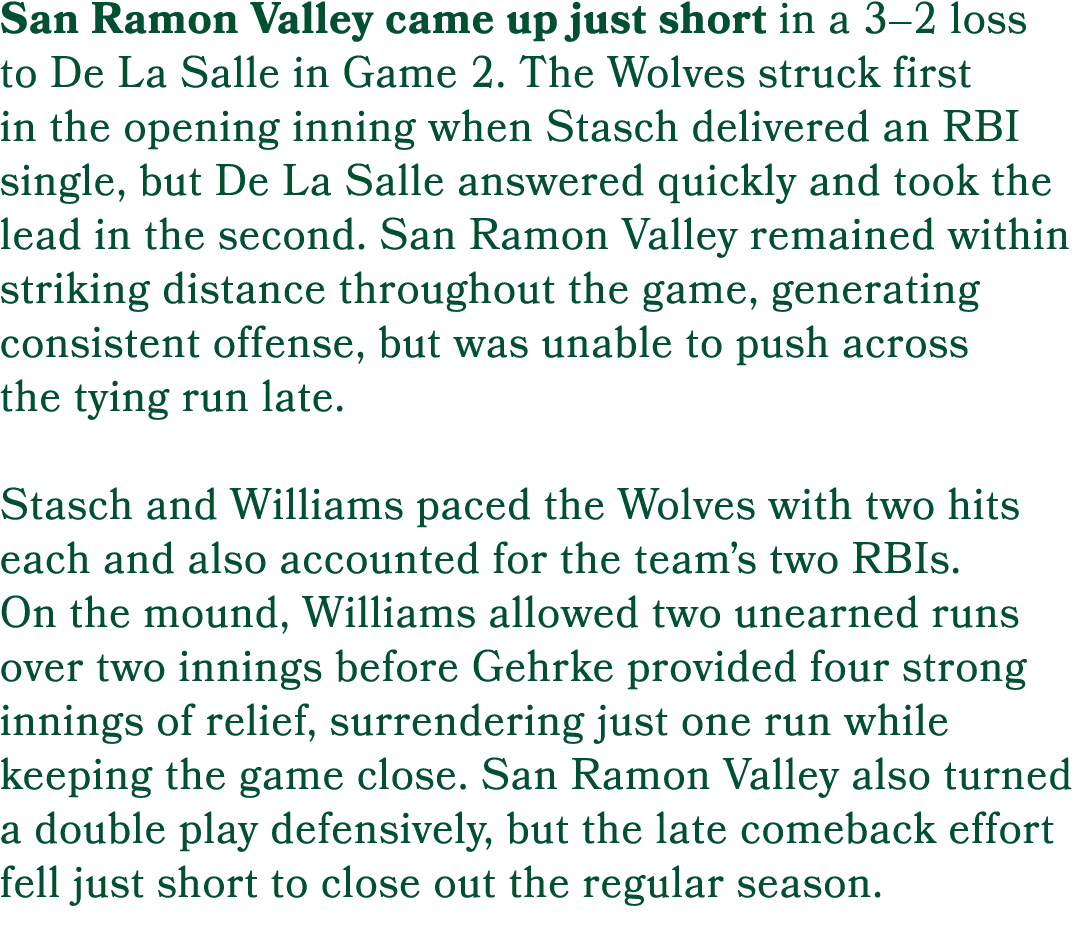 San Ramon Valley came up just short in a 3–2 loss to De La Salle in Game 2. The Wolves struck first in the opening in...
