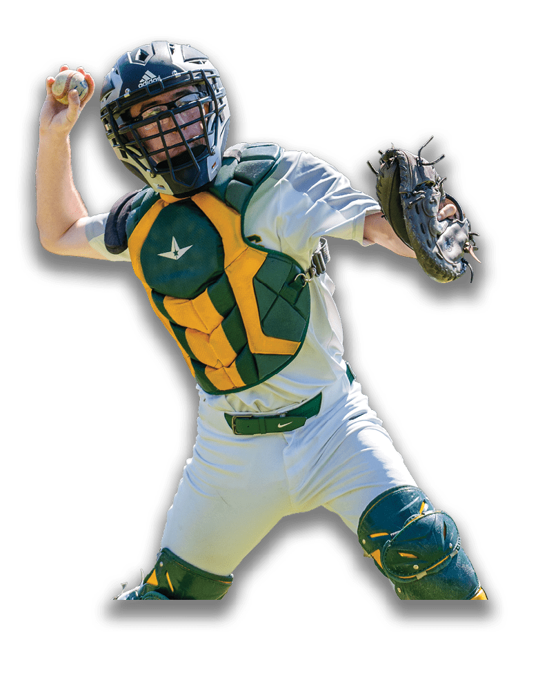 A baseball player wearing a green and yellow chest protector. Description generated by AI