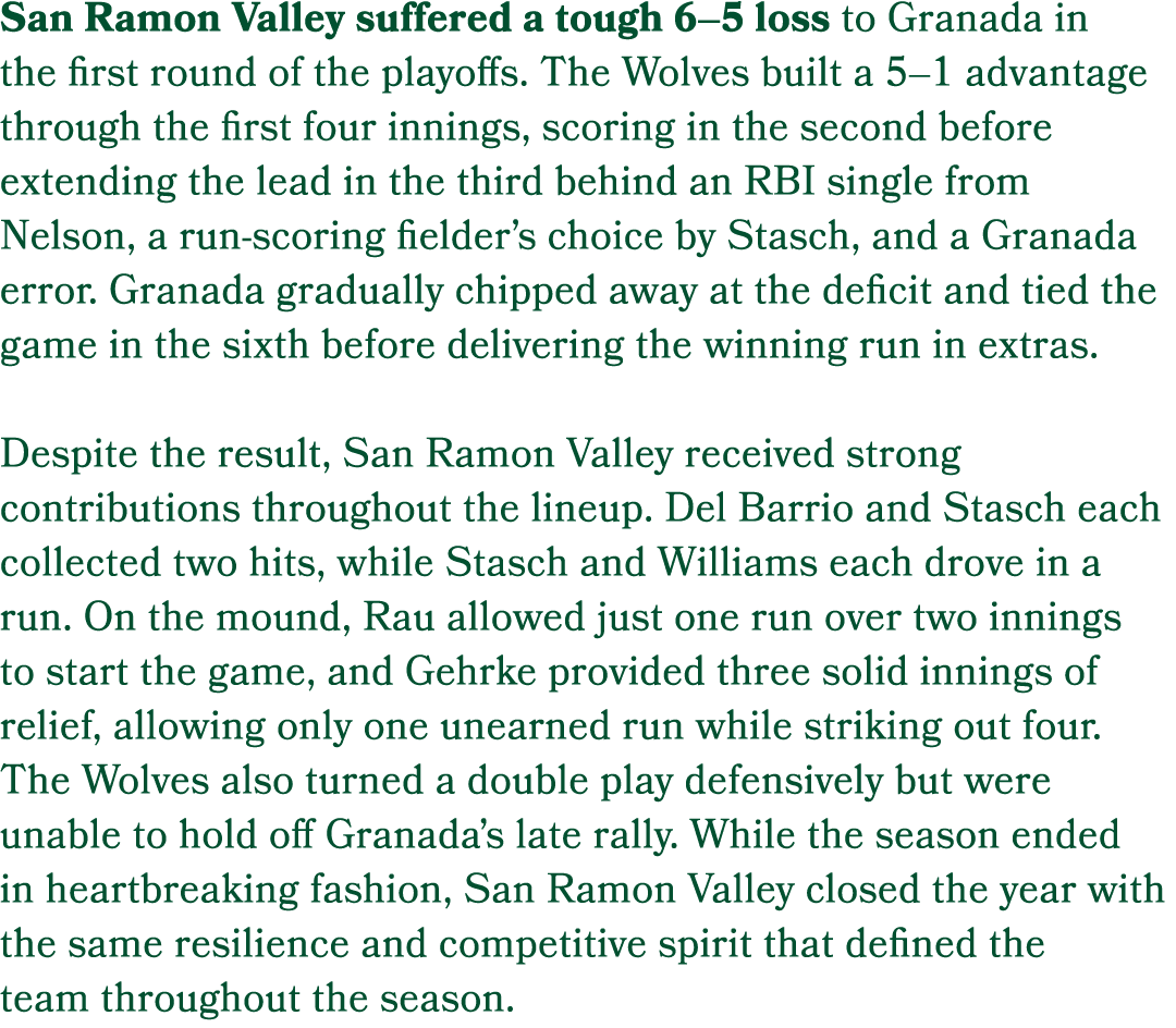 San Ramon Valley suffered a tough 6–5 loss to Granada in the first round of the playoffs. The Wolves built a 5–1 adva...