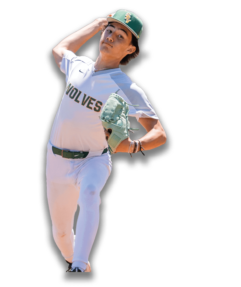 A baseball player in a white uniform and green hat is pitching a ball. Description generated by AI