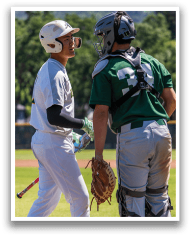 Two baseball players talking to each other. Description generated by AI