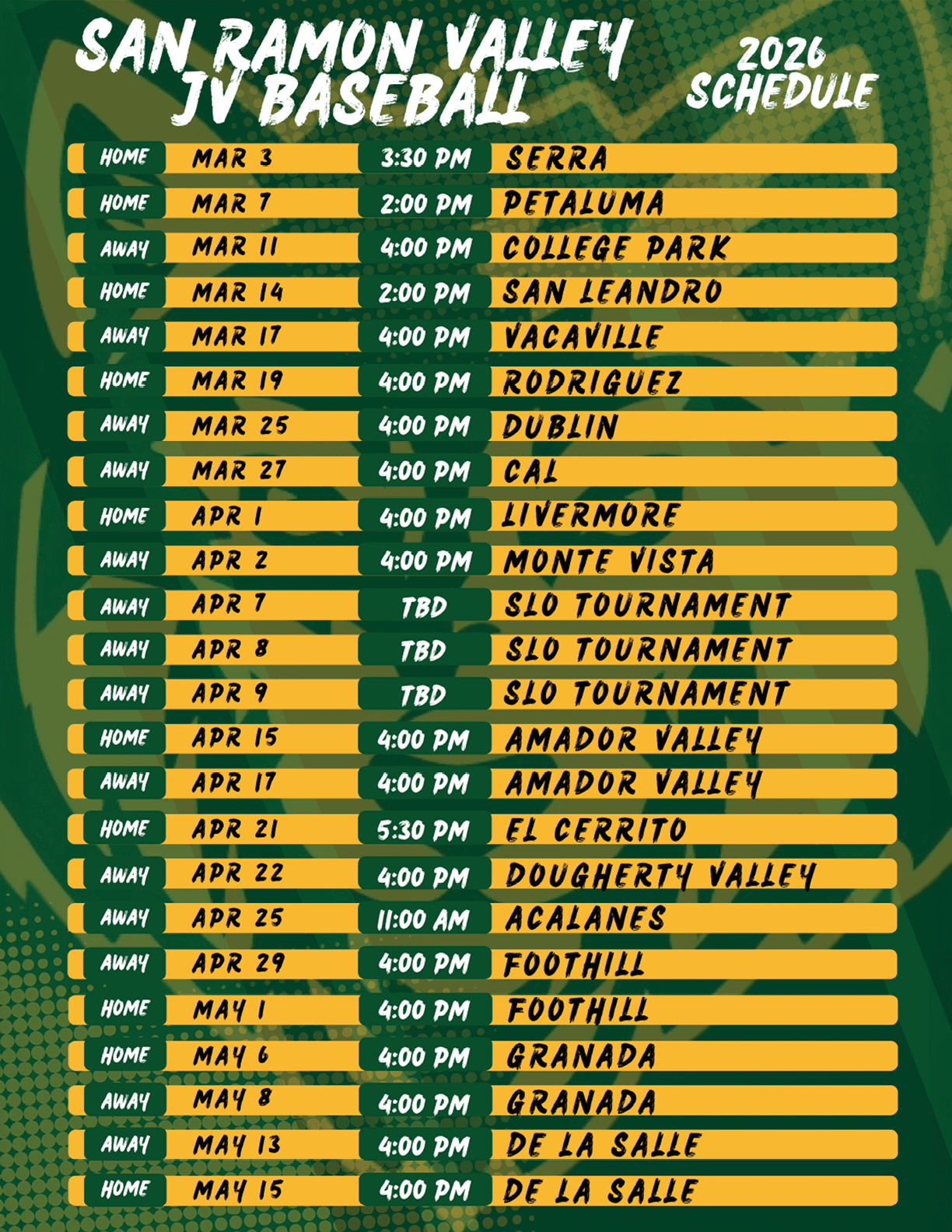 A schedule for San Ramon Valley JV baseball. AI generated content