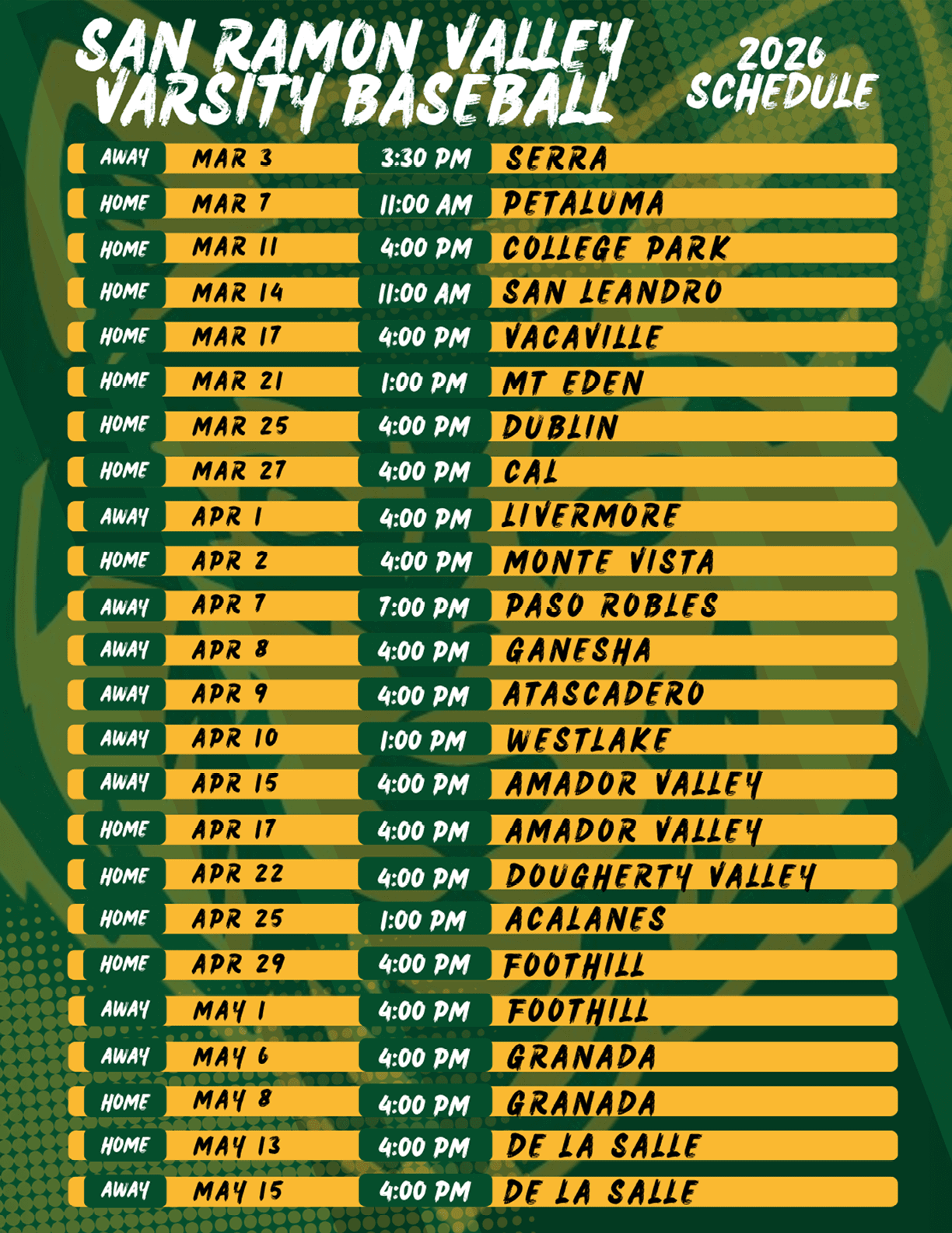 A calendar of baseball games in San Ramon Valley. AI generated content