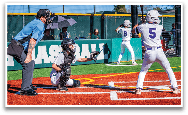 A baseball game is in progress with a batter holding a bat and a catcher wearing a baseball glove. The batter is getting ready to swing at the ball. AI generated content