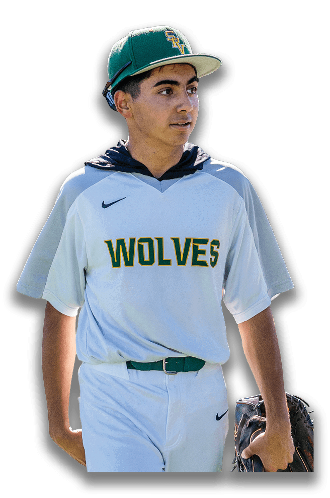 A baseball player wearing a green belt and a white shirt with the word wolves on it. AI generated content