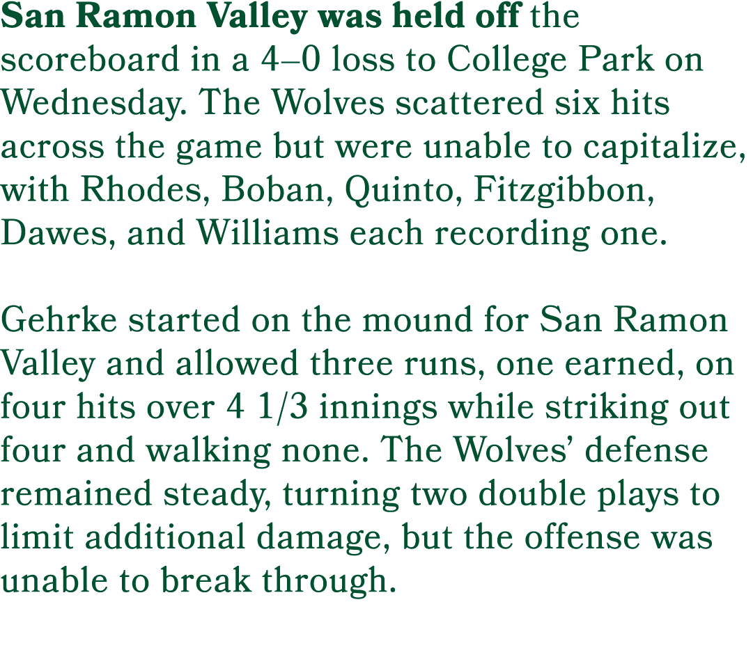 San Ramon Valley was held off the scoreboard in a 4–0 loss to College Park on Wednesday. The Wolves scattered six hit...
