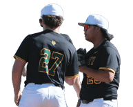 Two men wearing baseball uniforms are talking to each other on a field. AI generated content