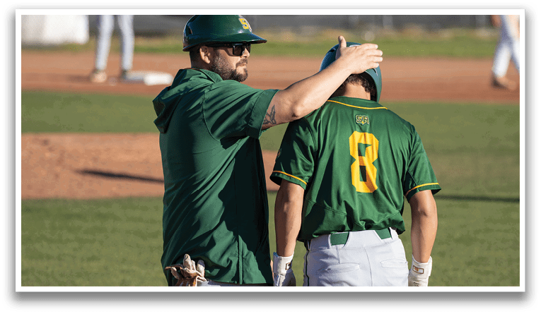 A baseball player is being congratulated by his coach after a good play. AI generated content