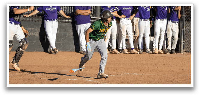 A baseball player is running towards home plate while the catcher and other players watch. AI generated content