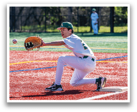 A baseball player in a white uniform is crouching down to catch a ball. AI generated content