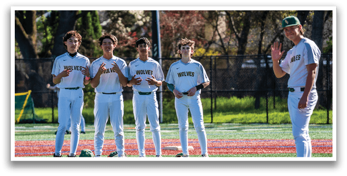 Four baseball players standing on a field, one of them waving. AI generated content