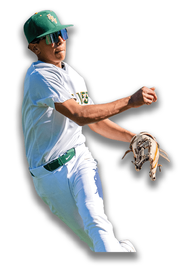 A baseball player wearing a green and white uniform is leaping in the air to catch a ball. AI generated content
