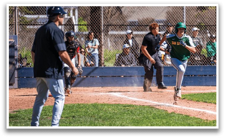 A baseball player is running to first base while the catcher and umpire watch. AI generated content