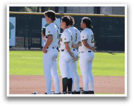 Three female baseball players standing on the field, wearing white uniforms. AI generated content