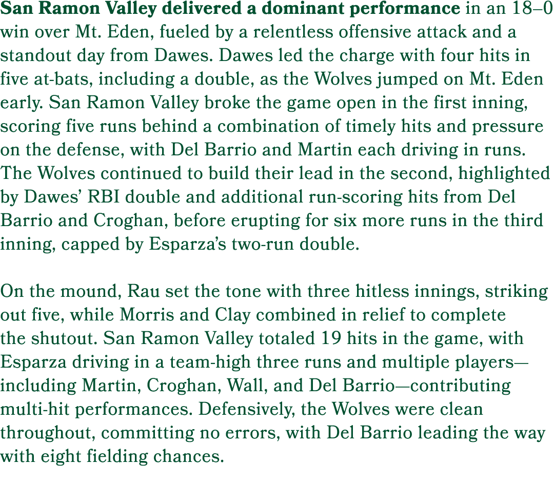 San Ramon Valley delivered a dominant performance in an 18–0 win over Mt. Eden, fueled by a relentless offensive atta...