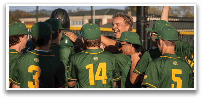A group of baseball players huddle together, smiling and laughing. AI generated content