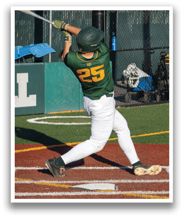 A baseball player in a green and yellow uniform is swinging a bat at a ball. AI generated content