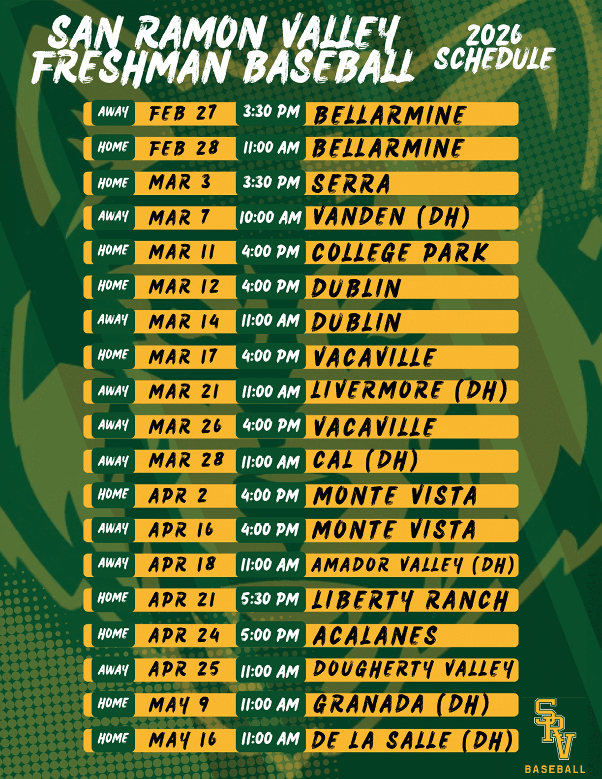 A schedule for San Ramon Valley High School freshman baseball. AI generated content