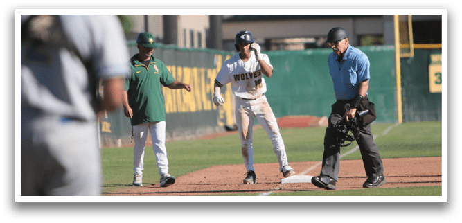 Baseball players on a field with a man in a blue shirt and a black hat standing behind a base. AI generated content