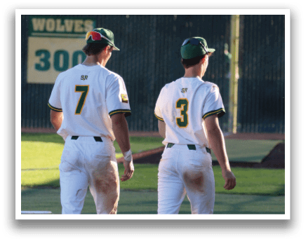 Two baseball players wearing white uniforms and green and yellow hats. AI generated content