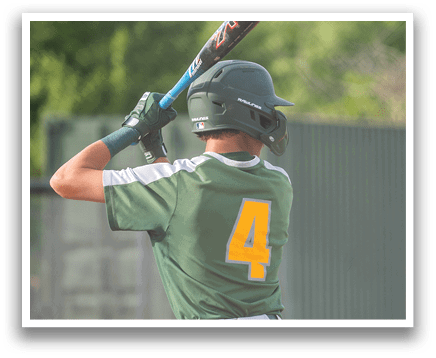 A baseball player in a green and white uniform is holding a bat, preparing to swing. AI generated content