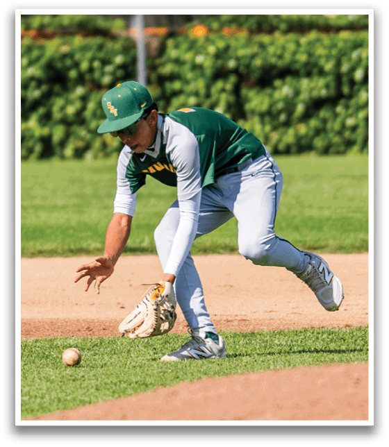 A baseball player in a green and white uniform is running towards a base, trying to catch a ball. AI generated content
