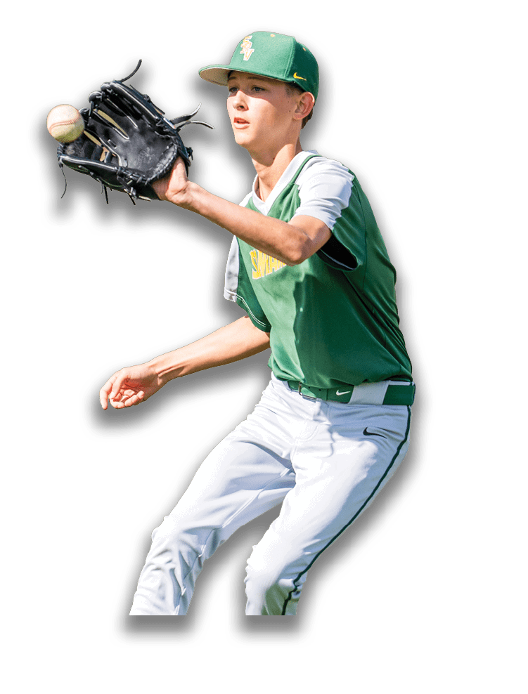 A baseball player in a green and white uniform is catching a ball with his glove. AI generated content
