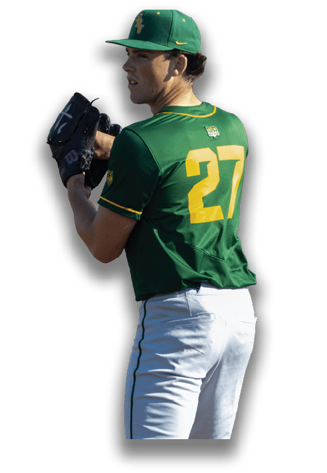 A baseball player in a green and yellow uniform is holding a baseball glove. AI generated content