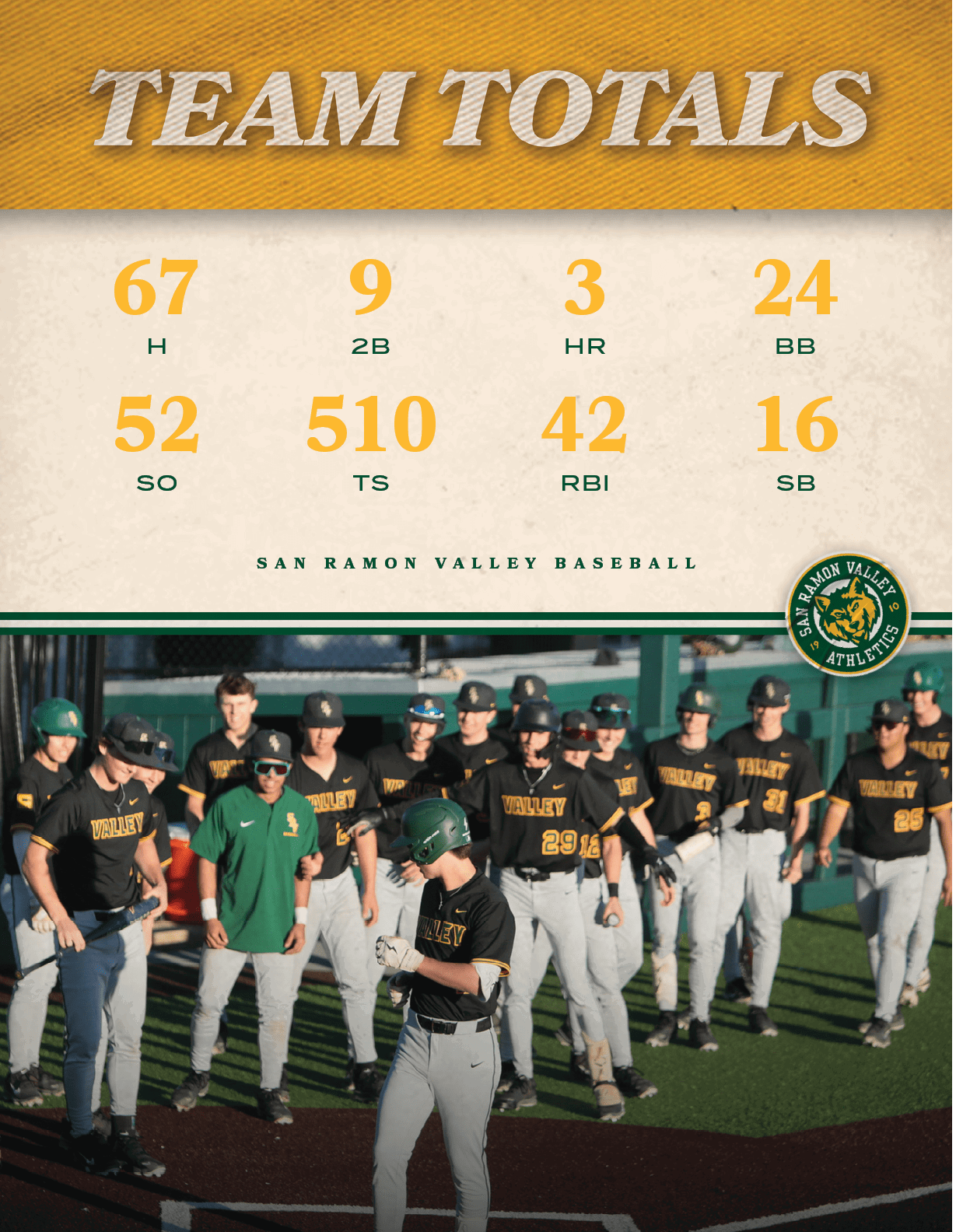 san ramon valley baseball,SB,16,RBI,42,TS,510,SO,52,BB,24,HR,3,2B,9,H,6