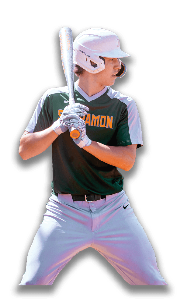 A baseball player in a green and white uniform is holding a bat, ready to swing. AI generated content