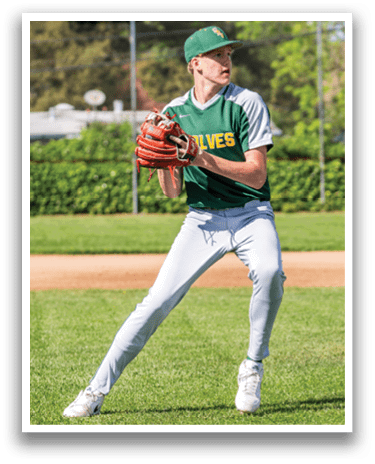 A baseball player wearing a green and yellow jersey and red glove is standing on a field. AI generated content