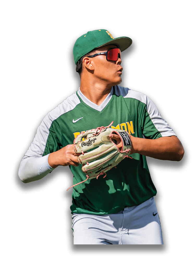 A baseball player wearing a green and white uniform holds a catcher's mitt. AI generated content