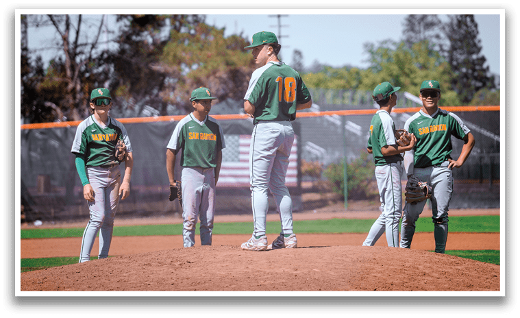 A group of baseball players are standing on a field. One player is wearing a green shirt with the number 7 on it. AI generated content